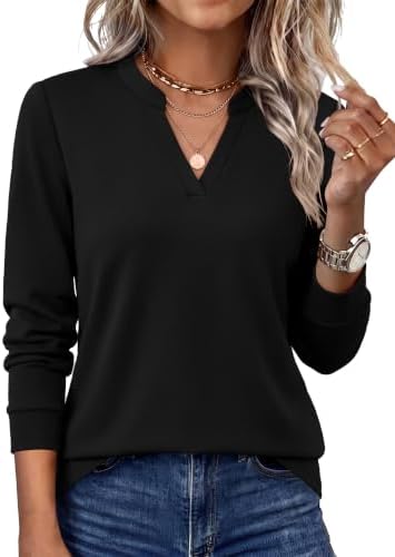 A deep black long sleeve top cut with an open V-neckline in a soft, opaque knit that pairs with denim or tailored trousers.