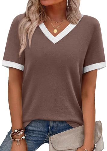 Contrast trim along the neckline and cuffs gives this coffee brown knit sweater top a clean, put-together finish.