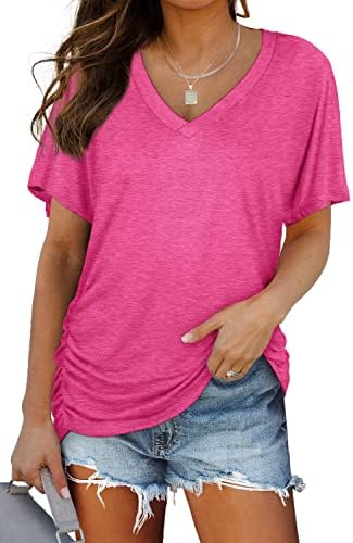 Side shirring gives this soft rose pink V-neck tee gentle texture through the hips, cut with breezy dolman sleeves.