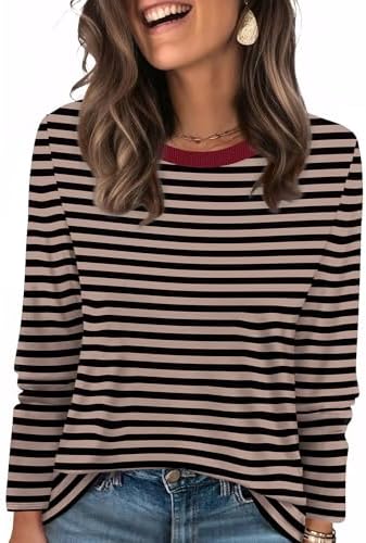 Tonal coffee stripes and ribbed trim give this long sleeve knit tee a clean look for cooler evenings.