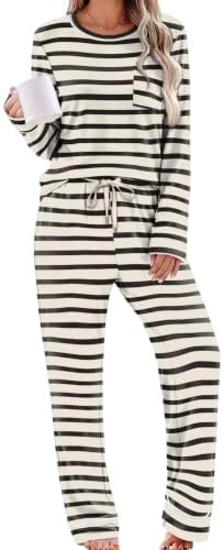 Horizontal stripes on a warm beige ground give this soft knit lounge set an easy, timeless look for cooler mornings.