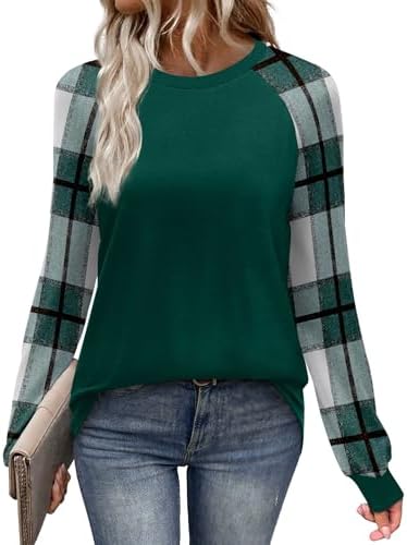 Contrast green plaid sleeves bring seasonal pattern to this soft raglan crewneck top cut for easy cool-weather layering.