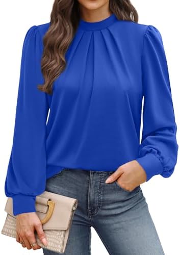 Soft blue knit brings a calm, crisp look to this stretch mock-neck blouse with gentle sleeve pleating.