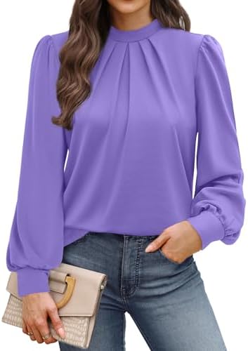 A rich purple blouse tailored with a gathered mock neck and soft puff sleeves for an easy desk-to-dinner shift.