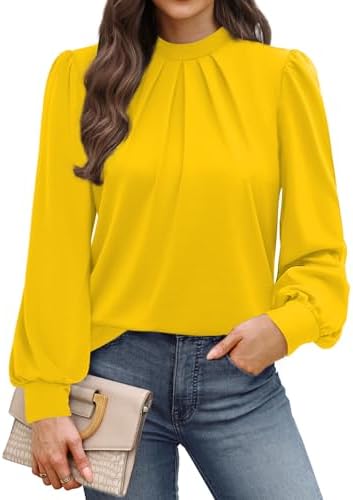 Bright yellow knit brings warm color to this mock-neck blouse, finished with subtle pleating and puffed long sleeves for breezy days.