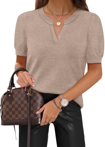 Rich brown yarn and a light viscose blend give this short sleeve sweater an easy transition between warm days and cool evenings.