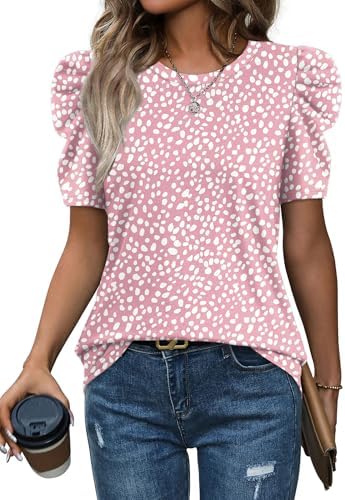 Tiny dots across a soft pink base give this puff-sleeve top a cheerful look that pairs easily with white denim.