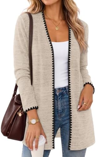 A soft beige knit cardigan finished with contrasting scalloped edges that layers lightly over tanks and tees for cool evenings.