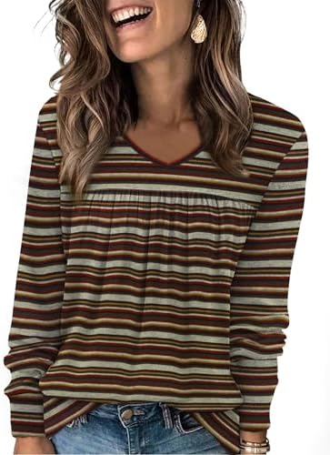 Horizontal orange stripes warm up this lightweight ribbed knit sweater cut with an open V-neckline and subtle front pleats.