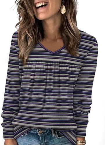 Thin purple and blue stripes run across a soft ribbed knit tunic cut with gentle pleats and an open V-neck.