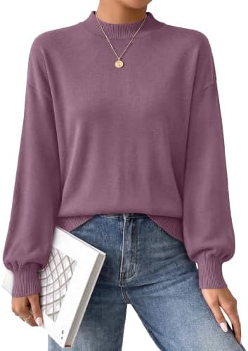 A rich purple knit sweater with gathered puff sleeves and a neat mock neck designed for breezy mornings and cool evenings.