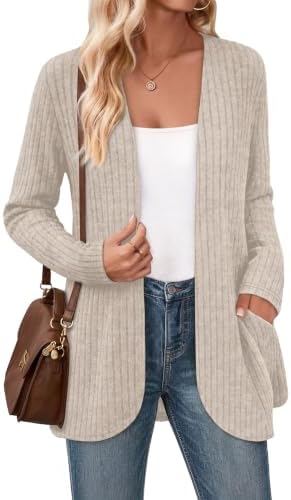 Soft brushed beige knit brings gentle warmth without bulk, finished with an easy open front and deep side pockets.