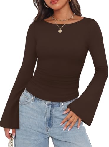 Ribbed stretch knit in deep chocolate brown features soft bell sleeves, side waist ruching, and a wide boat neckline.