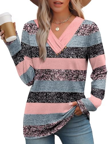 Horizontal pink stripes brighten this easy long-sleeve knit, finished with a neat V-neck and front buttons.