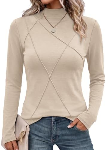 A soft beige knit shapes this slim long sleeve top, finished with a neat mock neck and subtle vertical front line detailing.