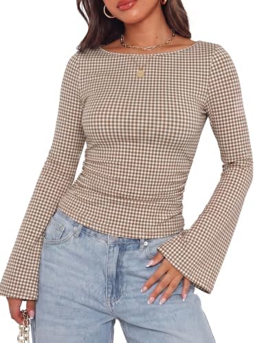 Woven in warm brown plaid, this ribbed long sleeve top features flared bell cuffs and subtle waist ruching for everyday wear.