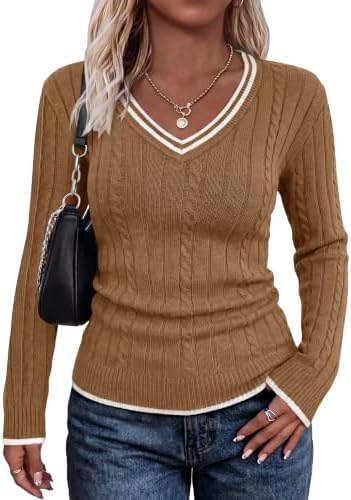 Crisp contrast tipping trims the open V-neck, cuffs, and hem of this neat cable knit pullover in rich camel.