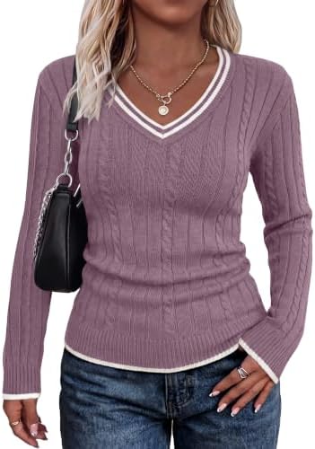 White contrast borders sharpen this purple cable-knit sweater, cut close to the body with a clean V-neckline for cool evenings.
