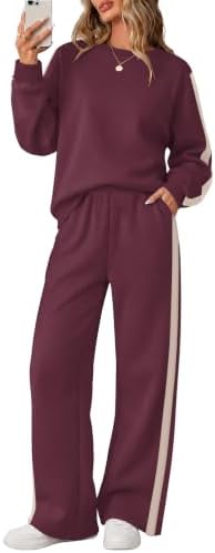 Deep burgundy fleece meets clean beige side stripes on this easy crewneck sweatshirt and wide-leg pant set.