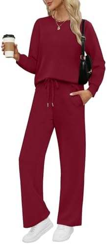 A deep wine two-piece set pairs a classic crewneck top with flowy wide-leg pants in a soft, breathable four-way stretch knit.