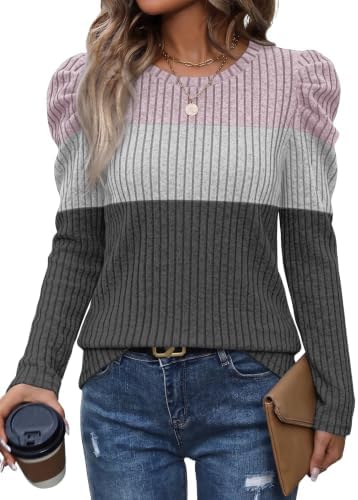 Soft puff sleeves and cool color blocking in muted pink and gray make this breathable long sleeve tunic an easy everyday piece.
