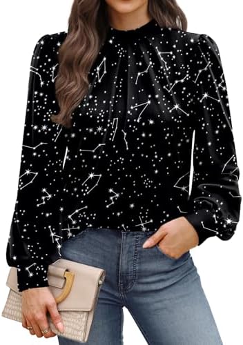 Small white stars across a dark black base give this mock-neck blouse a playful look for workdays or weekend dinners.