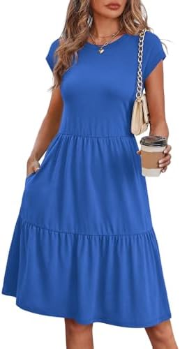 A crisp blue tiered sundress with cap sleeves and side pockets, cut to fall right around the knee for easy warm-weather days.