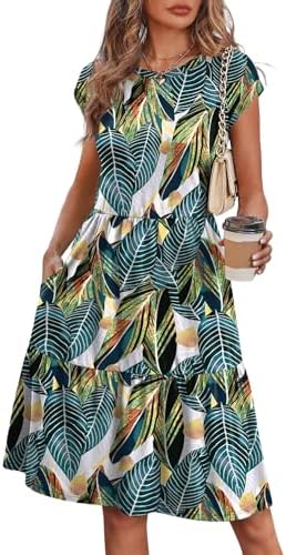 Lush green palm fronds over a breezy tiered cut make this cap sleeve sundress an easy pick for sunny travels.