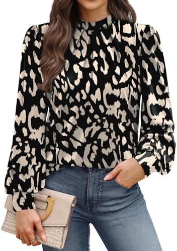 A crisp mock neck and subtle shoulder pleats bring structure to this black beige leopard print knit blouse.
