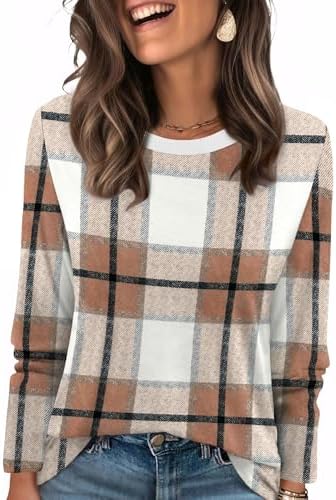 Warm earth tones define this brown plaid knit, tailored with a tidy crewneck and full-length sleeves for brisk morning commutes.