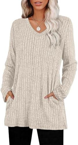 A ribbed khaki knit tunic shaped with an open V-neckline, long sleeves, and handy side pockets for cooler weather.