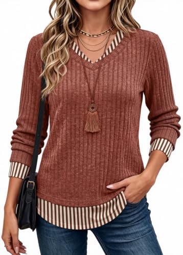 Caramel tones meet clean vertical stripes on a faux two-layer long sleeve knit that gives you instant depth without extra warmth.