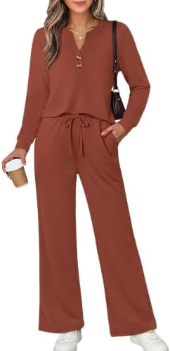 Warm caramel tones and airy spacer knit shape this two-piece set, featuring a notched V-neck top and wide-leg drawstring pants.