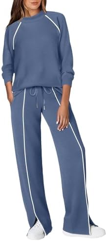 Cool blue knit pairs with crisp white piping on this four-way stretch set, cut with a high mock neck for breezy days.