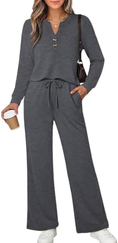A charcoal spacer knit set pairs a notched button neckline with airy wide-leg pants for easy travel days.