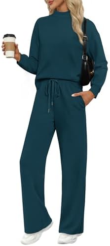Teal spacer fabric gives this mock neck top and wide leg pant set a smooth, airy drape that transitions smoothly across cooler seasons.