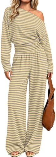 Wide yellow and grey stripes give this soft knit two-piece set a fresh look for airport runs and quiet weekends at home.