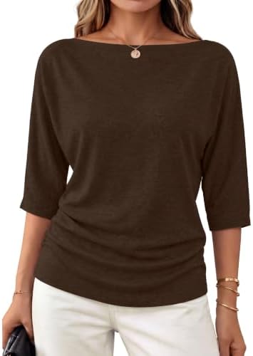 A rich coffee brown knit with a wide boat neck and relaxed three-quarter batwing sleeves for easy layered days.