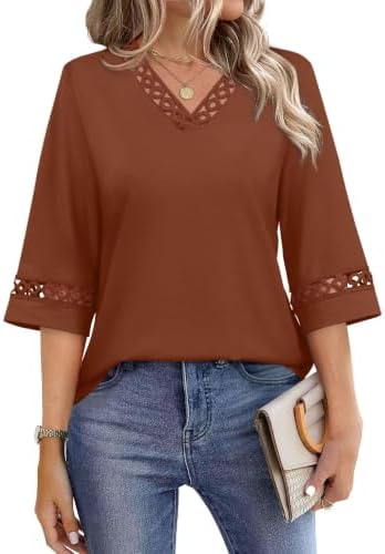 A soft knit top in warm caramel with three-quarter sleeves and a neat V-neckline that works through long workdays.