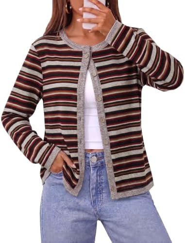 Fine stripes meet solid contrast ribbing on this lightweight knit layer, finished with a neat button front for easy warm-weather styling.