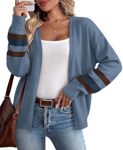 A relaxed open front and wide balloon sleeves bring easy layering to this soft blue knit cardigan.
