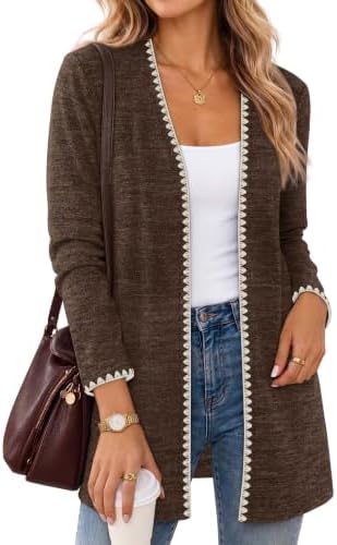 Contrast scallop borders edge this chocolate brown open cardigan, knitted with gentle stretch for easy layering over summer tanks.