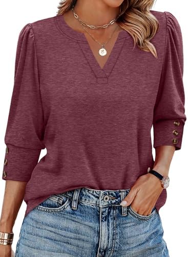 A deep wine red knit top with gentle puff shoulders and triple-button three-quarter cuffs for crisp workdays and casual dinners.