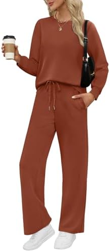 Warm caramel tones define this two-piece set, pairing a classic crew neck top with drapey wide leg pants for easy layering.
