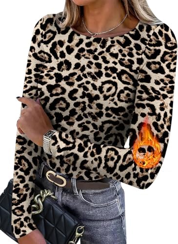 A soft leopard print covers this slim crew neck top, lined with light fleece for cool mornings and easy layering.