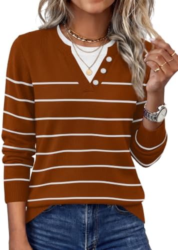 Warm caramel tones and crisp stripes meet in a lightweight tunic knit with a built-in contrast collar and decorative button placket.