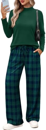 A soft green checkered pattern brings crisp visual texture to this relaxed mock neck top and matching wide leg pant set.