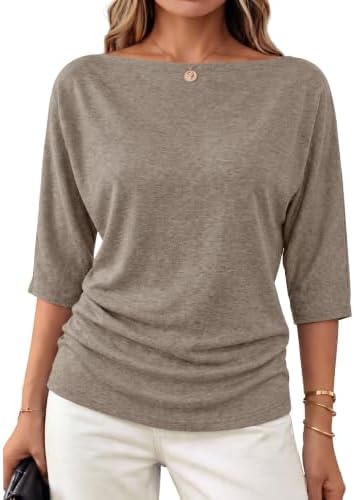 Spun in a rich warm brown, this lightweight knit top pairs a wide boat neckline with roomy batwing three-quarter sleeves.
