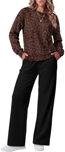 A matching brown leopard set paired with a crewneck long sleeve top and breezy wide leg pants for cooler days.