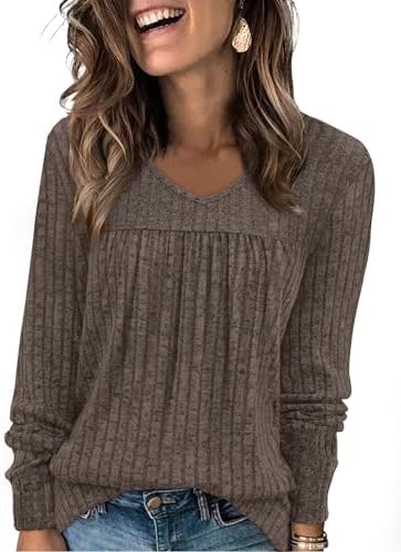 A rich coffee brown knit with a gentle V-neck and fine vertical ribbing gives this long sleeve tunic an easy, grounded look.